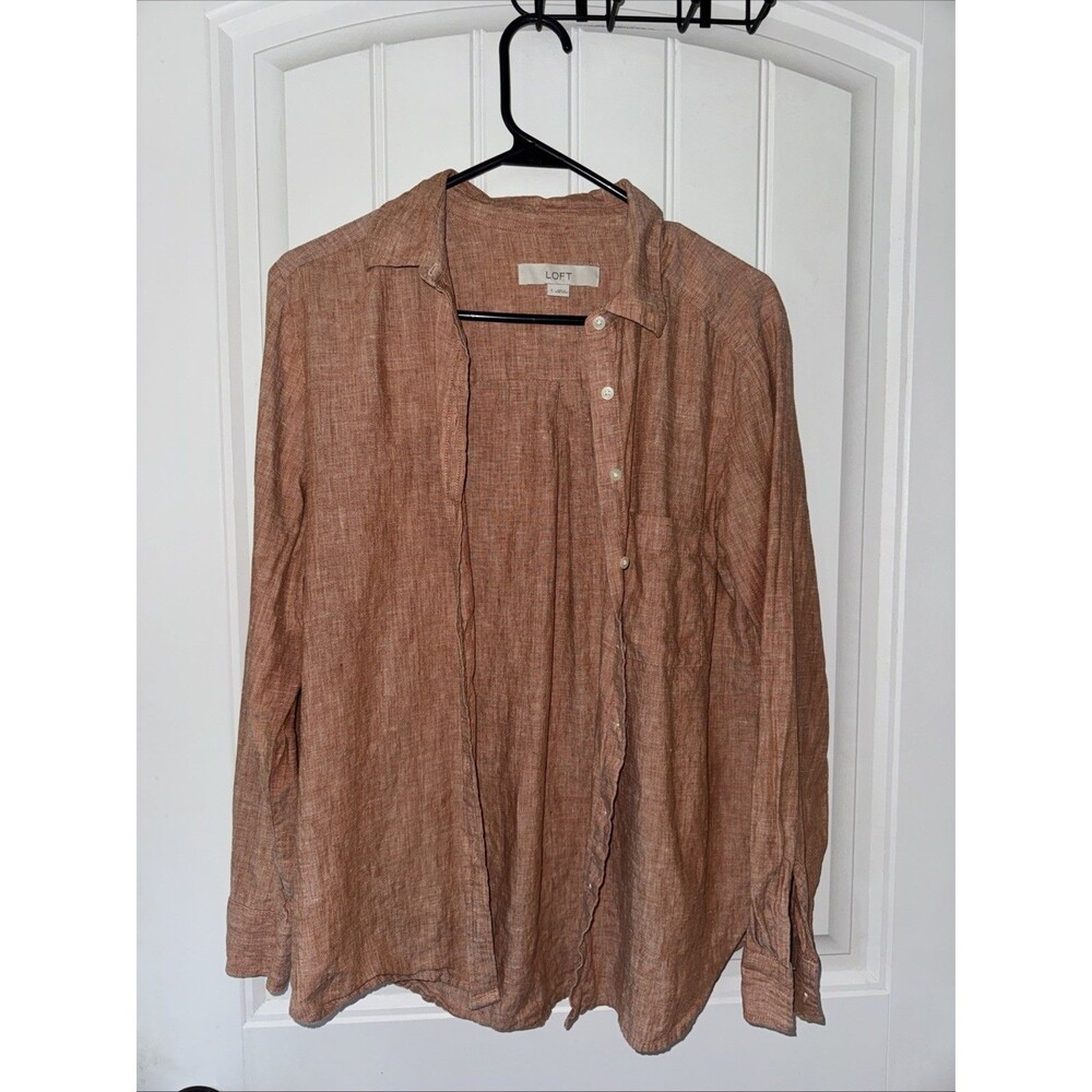 LOFT Shirt Womens Small Lt Rust Linen Button Up Long Sleeve Minimalist Coastal